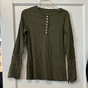 Olive Lace-Sleeve Henley Long-Sleeve Top